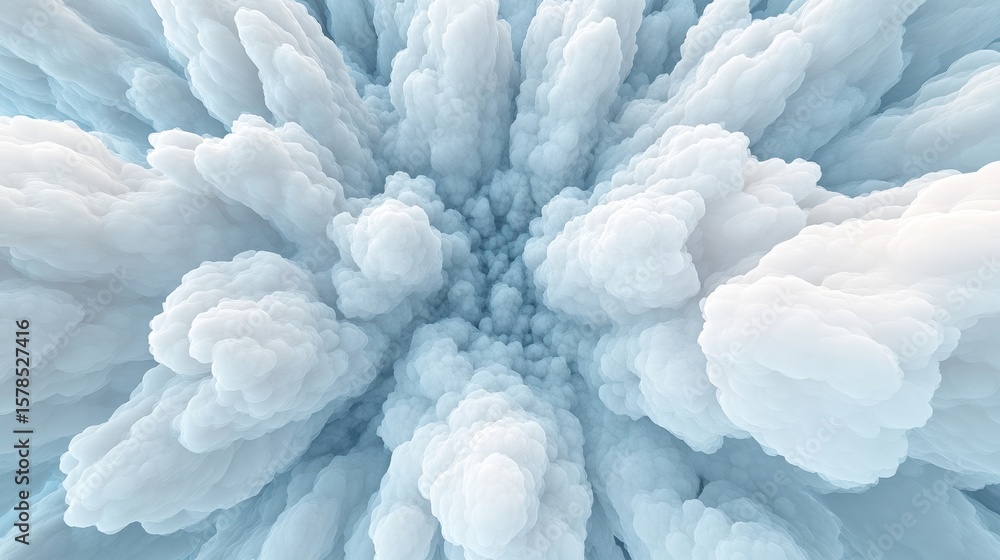 Poster abstract networks expanding from center. white cloud like shapes on light blue background. complex p