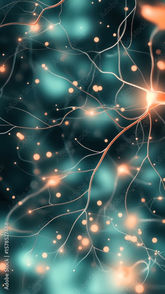 Poster network pathways glow on teal backdrop. abstract representation connects many bright spots. data tra