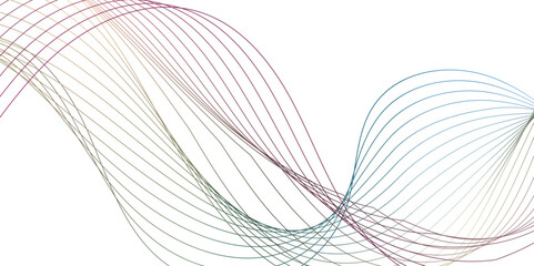 Dynamic abstract wave of thin, flowing lines in a vibrant gradient of yellow, green, purple, and teal, creating an energetic pattern on a clean white background.