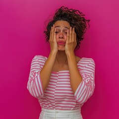 woman facepalming in disbelief against a solid color background close?up crop