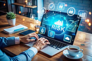 Vintage Style Photo: Network Specialist Analyzing Digital Risk on Laptop