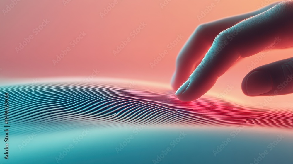 Aufkleber finger touches curved lines. pink and teal gradient background. concept for neural nets. digital con