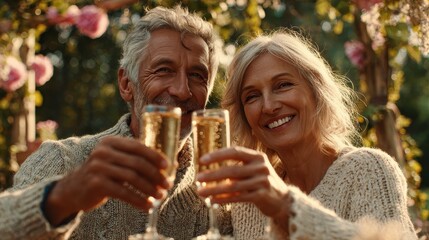 Cheerful couple celebrating with a toast outdoors. Generative AI image