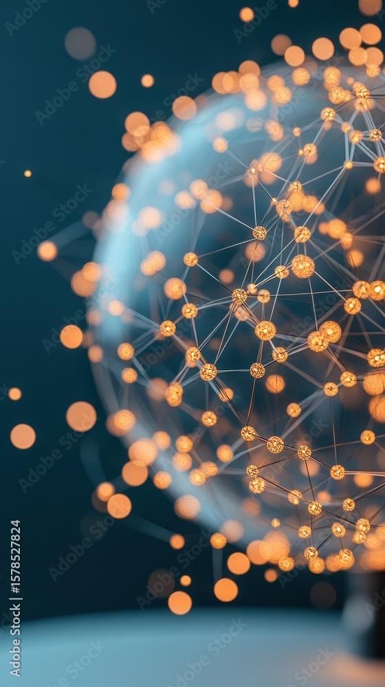 Poster connected golden spheres form neural networks structure. glowing nodes link across dark background. 