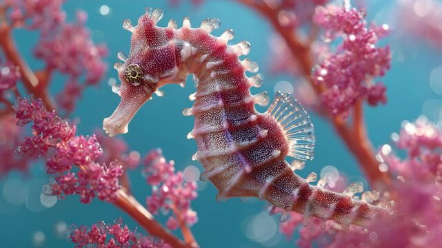 サンゴ枝にしがみつくタツノオトシゴの緻密描写