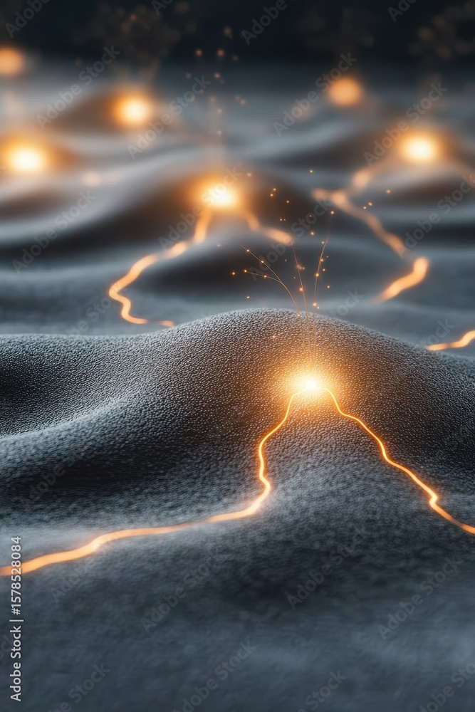 Poster glowing connections on dark surface. network nodes emit light. complex system of pathways. neural ne