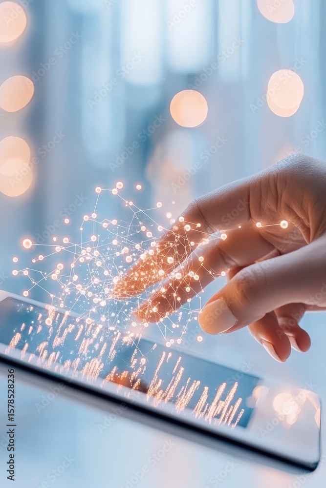 Poster fingers touching tablet screen with glowing neural networks connection displaying artificial intelli