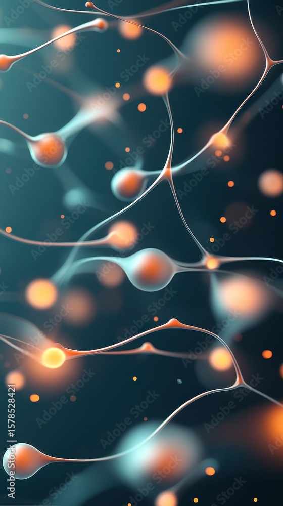 Poster abstract depiction neural networks. glowing orange points connect with curved lines against a dark b