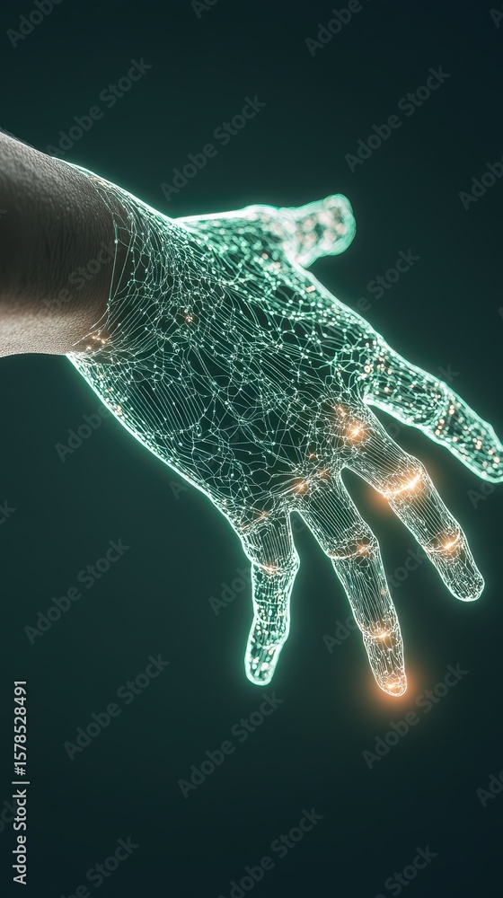 Poster glowing network hand reaching out against dark backdrop showing complex interconnectedness related t