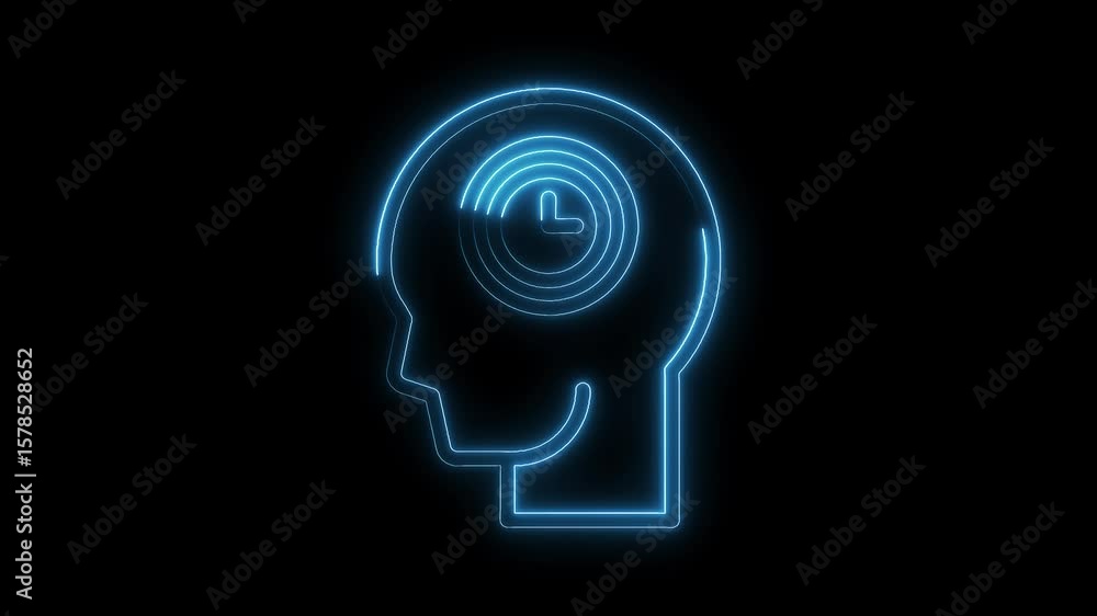 Poster time management brain icon animation concept representing productivity mindset with glowing blue neo