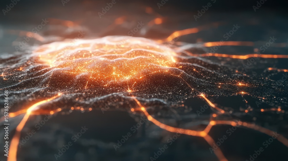  glowing orange nodes connect across dark wavy surface. neural network structure. artificial intellig