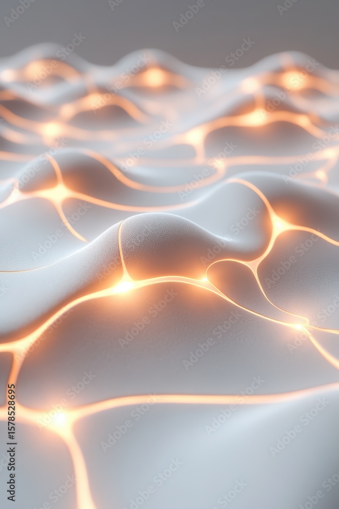 Poster glowing network on wavy surface. warm light connecting white nodes. artificial intelligence, neural 