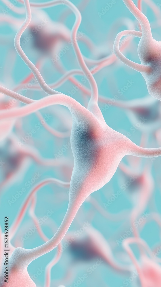 Poster neural structures showing interconnected pathways. neural nets. pale pink structures on light blue. 