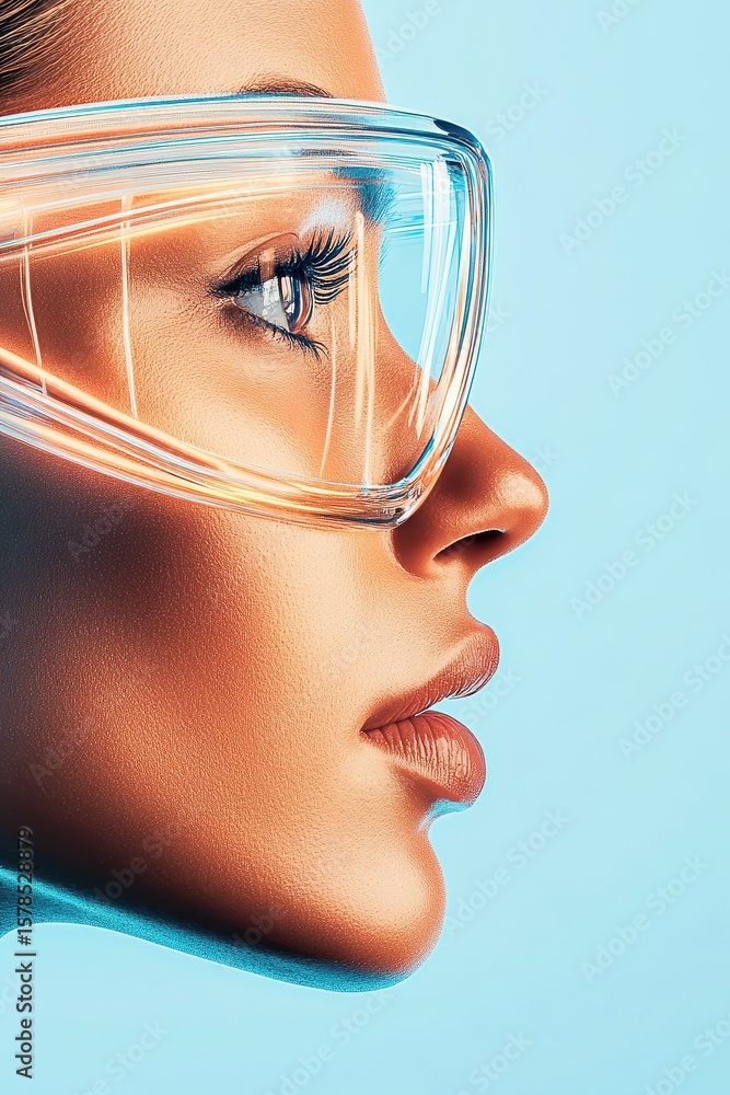 Poster profile of face with transparent visor reflecting light. neural networks concept. light blue backgro