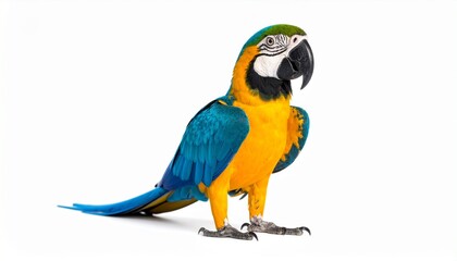 Vivid blue-and-yellow macaw stands proudly on a clean white surface—radiating natural brilliance, exotic poise, and avian elegance.