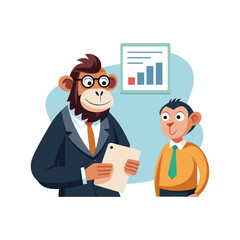 Funny Monkey Reviewing Performance Report with Boss Vector Illustration – Workplace Humor Animal Cartoon Art for Office Presentation, Business Feedback and Corporate Design