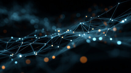 Glowing data nodes connected by luminous threads on dark background 
