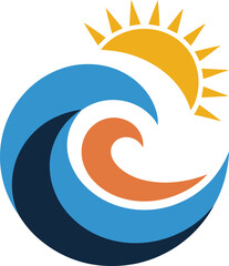 Naklejka premium Colorful Wave and Sun Logo. Coastal and Summer Vibes Icon. Unique logo design.