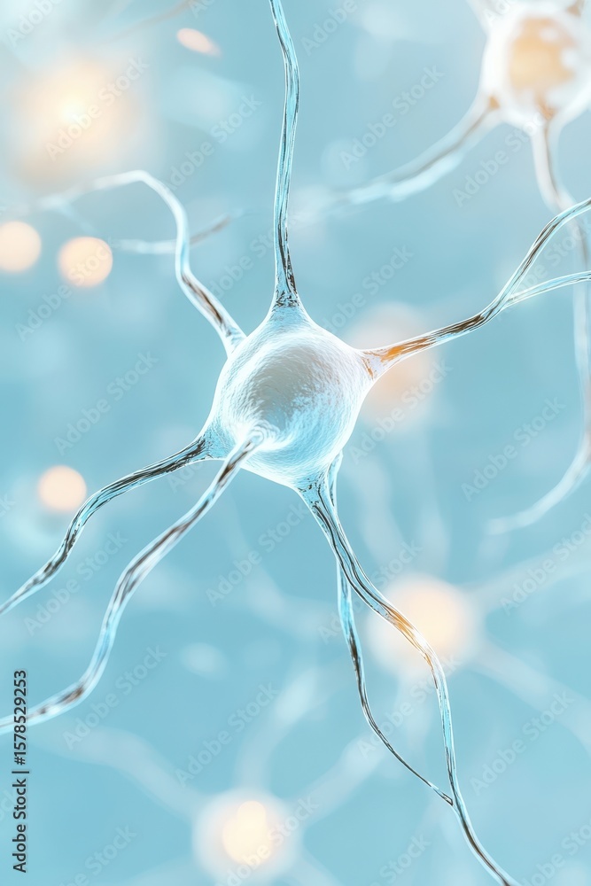 Poster Artificial intelligence showing connection of neural networks in light blue. Computer system with nodes connecting over light blurred background.