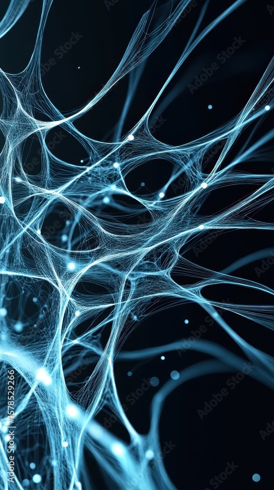 Poster abstract neural connections create network across dark space. glowing nodes connect bright lines for