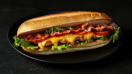 Sandwich with bacon, cheese, tomatoes and lettuce. Fast food. on a black plate. Rustic style.