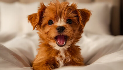 Adorable brown puppy with a cheerful expression on a cozy bed