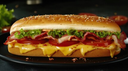 Sandwich with bacon, cheese, tomatoes and lettuce. Fast food. on a black plate. Rustic style.