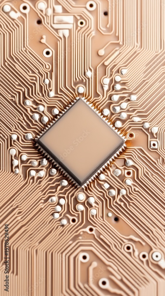 Poster complex circuit board pattern. central chip. brown base with silver elements. networks connecting al