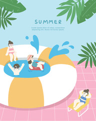 Hand drawn summer template background with swimming pool and leaves.