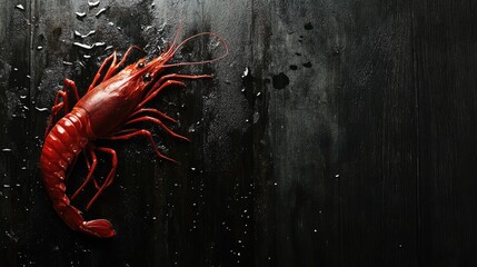 Seafood on a black wooden background. Banner Top view. Free space for your text.