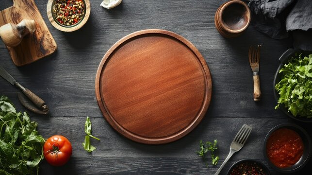Wooden pizza platter on dark wood background