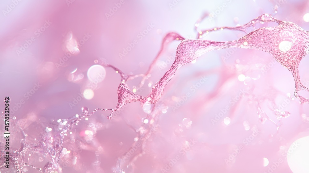 Poster pink liquid splashing with bokeh lights. abstract neural networks concept. fluid motion with sparkle