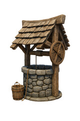Rustic Medieval Water Well with Wooden Roof and Bucket – Game Asset Style Render