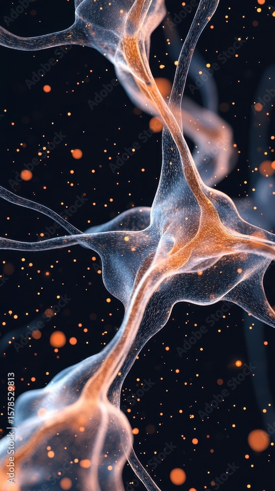 Poster network of neural strands glowing with orange particles against dark backdrop. abstract digital conn
