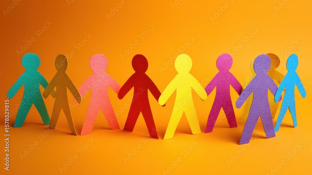 Poster colorful paper figures of different shapes and sizes holding hands symbolizing community and friends
