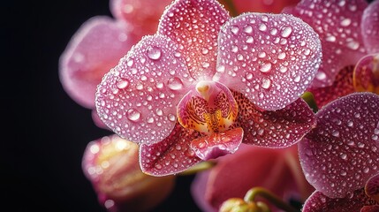 Plakat Close-up of pink orchid with water droplets on petals, vibrant floral detail