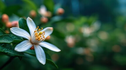 Fototapeta premium A single orange blossom in focus, with a blurred background of an orchard