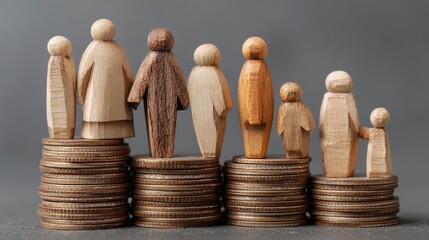 Wooden figures on stacked coins socioeconomic inequality