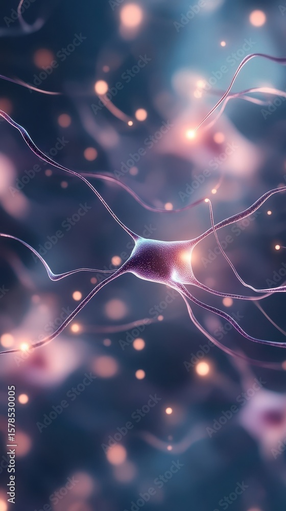 Poster artificial neurons connect in network. glowing nodes link neural pathways. deep learning concept for