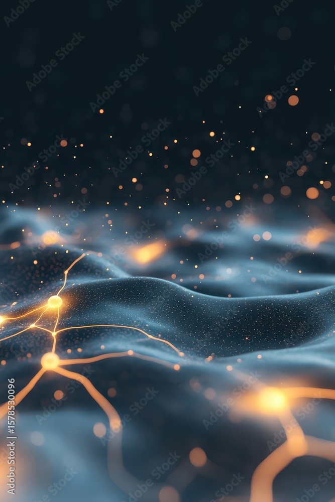  glowing connections traverse neural networks above undulating dark surface with sparkling orbs resem