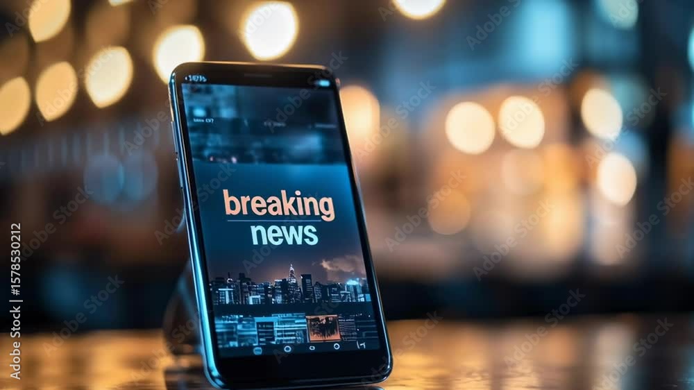 Poster a cell phone is sitting on a table with the word breaking news displayed on the screen. the image ha