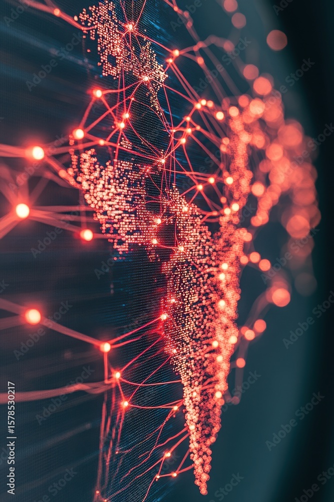 Poster red networks link nodes across a digital surface. neural nets create connections on a world map imit