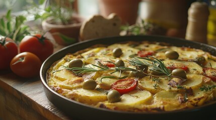 Spanish classic tortilla with potatoes, olives, tomatoes, rucola, bread and herbs.