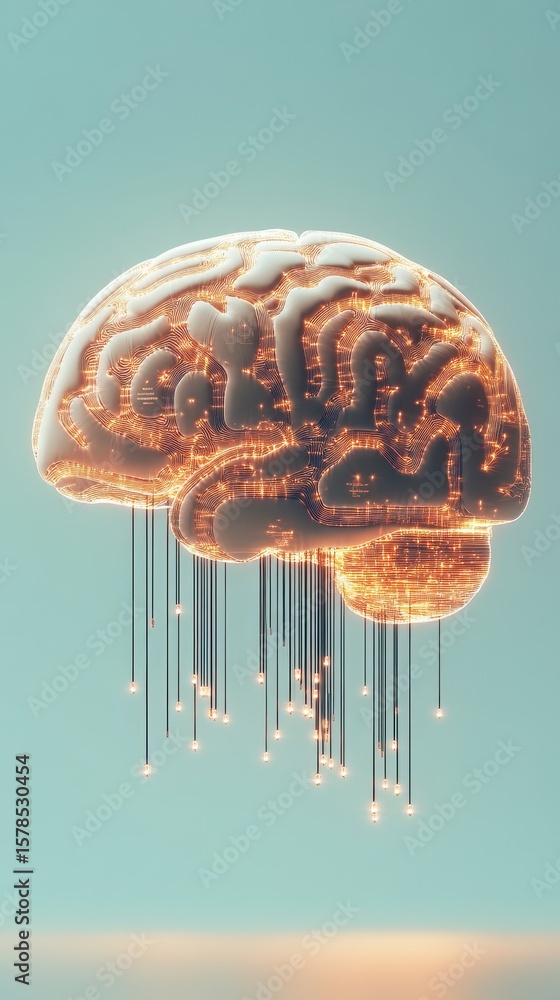 Poster glowing neural network circuit brain structure with cables on pale blue background. artificial intel