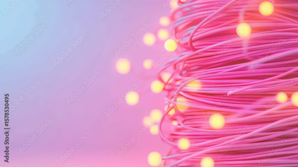 Poster pink cables pile close up with glowing light points on blurred gradient background for neural networ