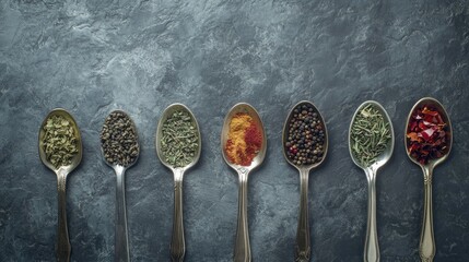 Spices and herbs in spoons on a gray stone background. Top view. Free space for text.