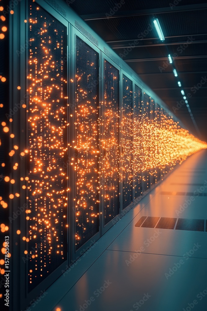 Poster data center servers line shining bright. server racks glow orange light. neural network in server ro