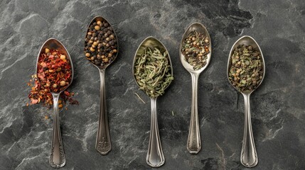 Spices and herbs in spoons on a gray stone background. Top view. Free space for text.