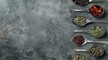 Spices and herbs in spoons on a gray stone background. Top view. Free space for text.