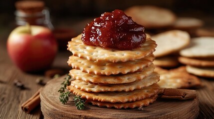 stack of crackers with apple chutney and other snacks